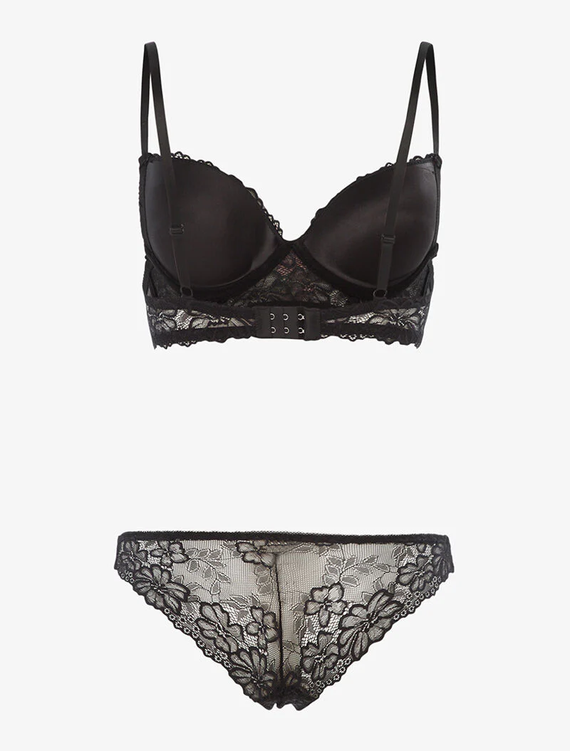 Ensemble SG et tanga empiècement fleurs brodées - noir - Image 2