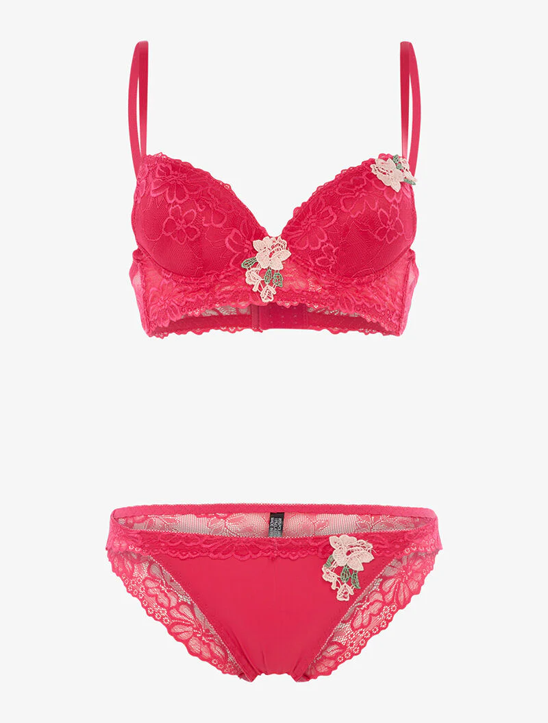 Ensemble SG et tanga empiècement fleurs brodées - fushia