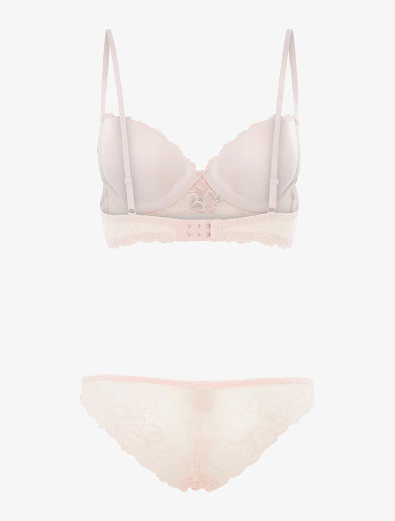 Ensemble SG et tanga empiècement fleurs brodées - rose poudré - rose orange - Image 2