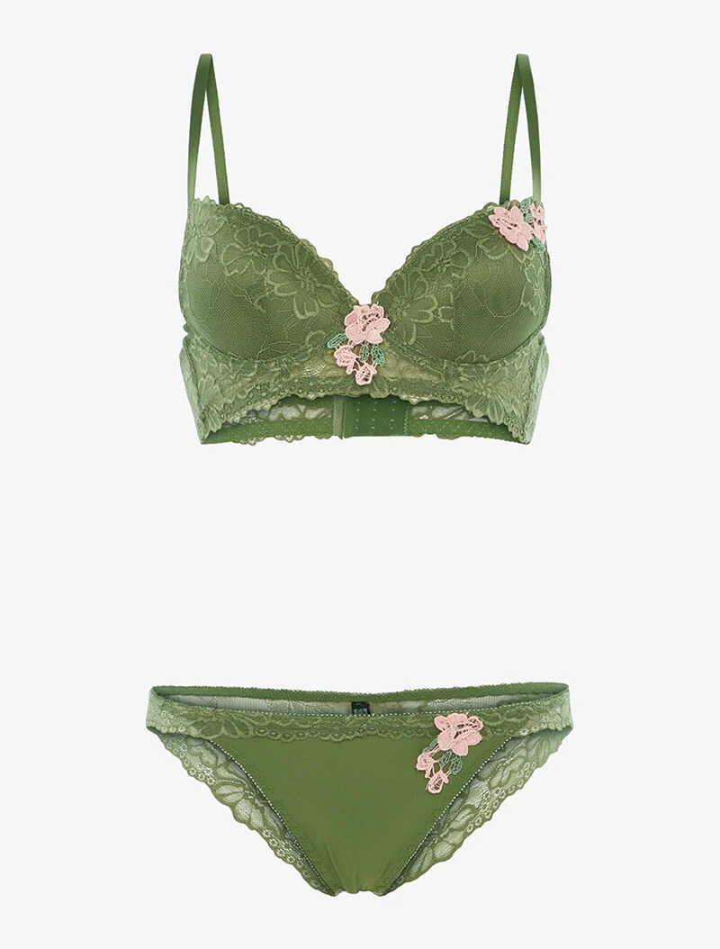 Ensemble SG et tanga empiècement fleurs brodées - kaki