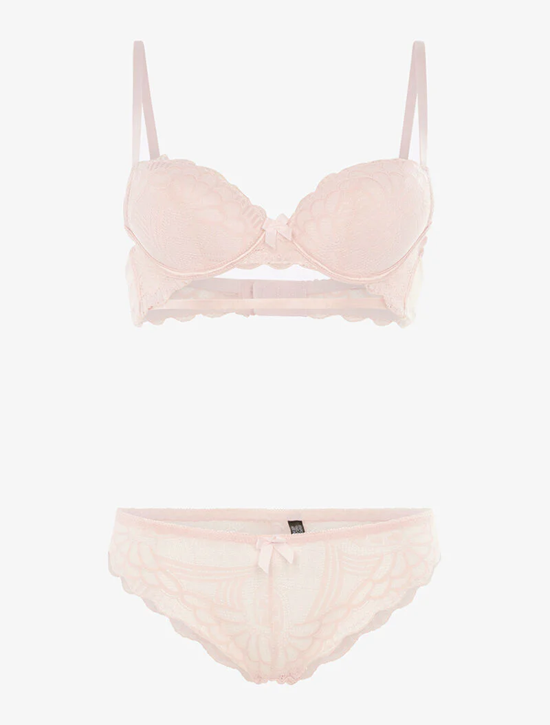 Ensemble SG et tanga en broderie fine - rose pâle - rose orange