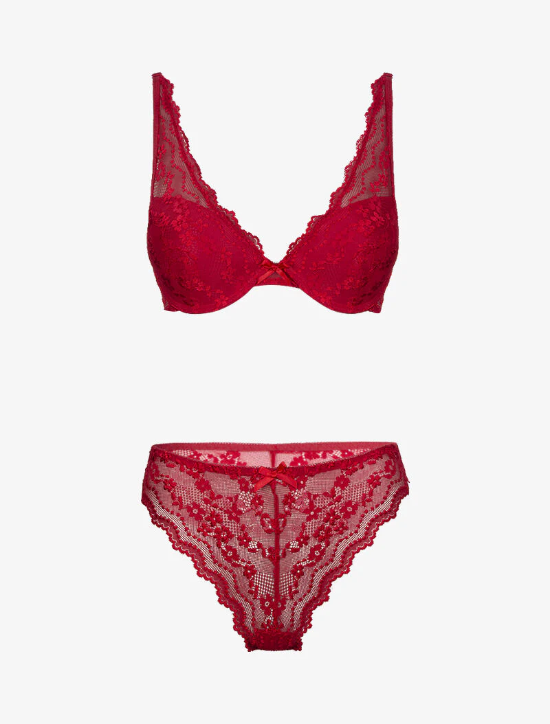 Ensemble soutien gorge ampliforme en dentelle fleurie - rouge
