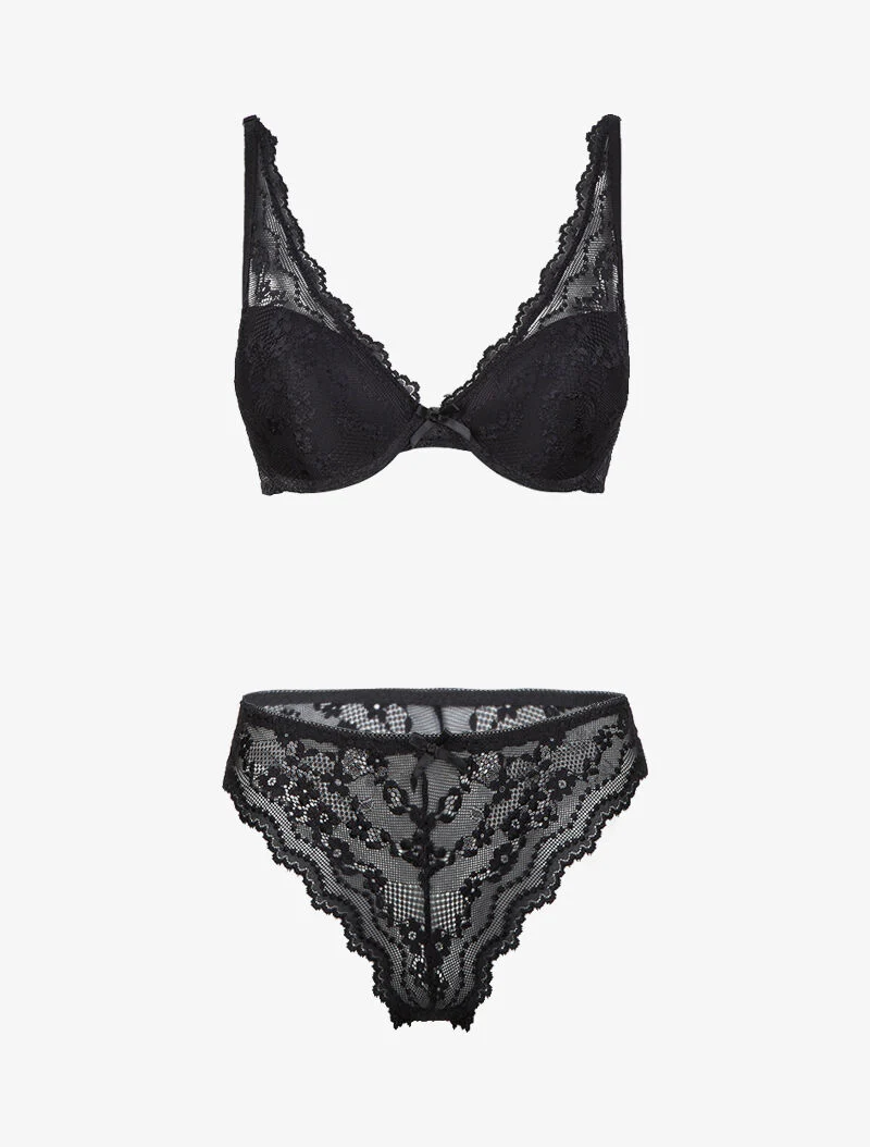 Ensemble soutien gorge ampliforme en dentelle fleurie - noir