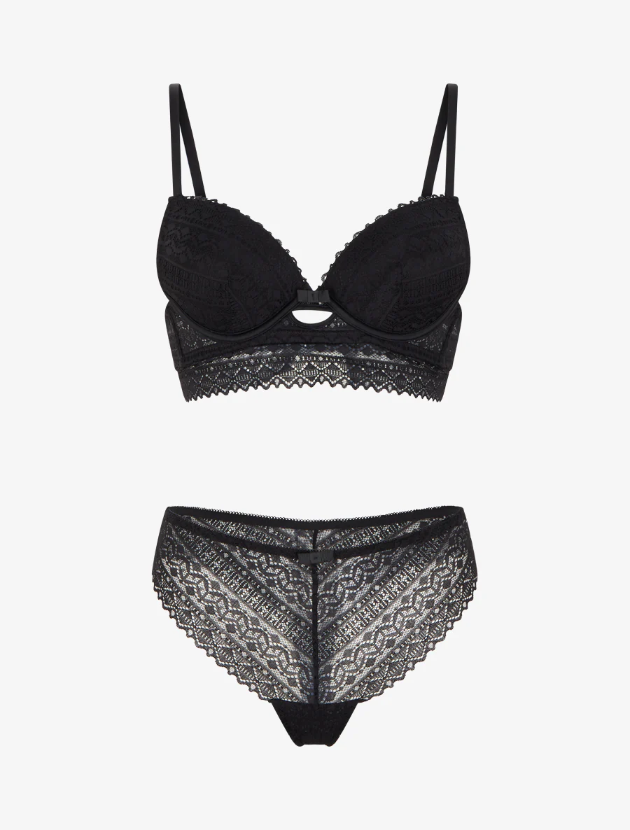 Ensemble soutien-gorge avec nœuds et tanga ajouré en dentelle - Noir - Image 2