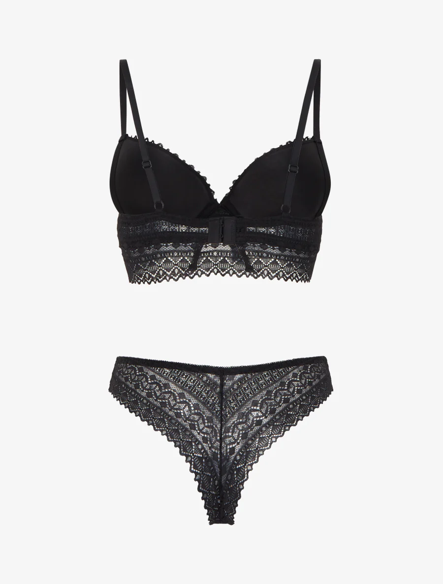 Ensemble soutien-gorge avec nœuds et tanga ajouré en dentelle - Noir - Image 3