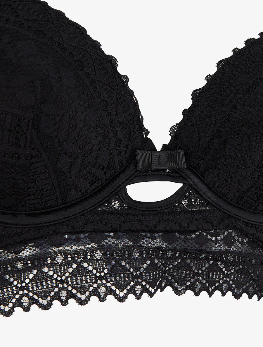 Ensemble soutien-gorge avec nœuds et tanga ajouré en dentelle - Noir - Image 4