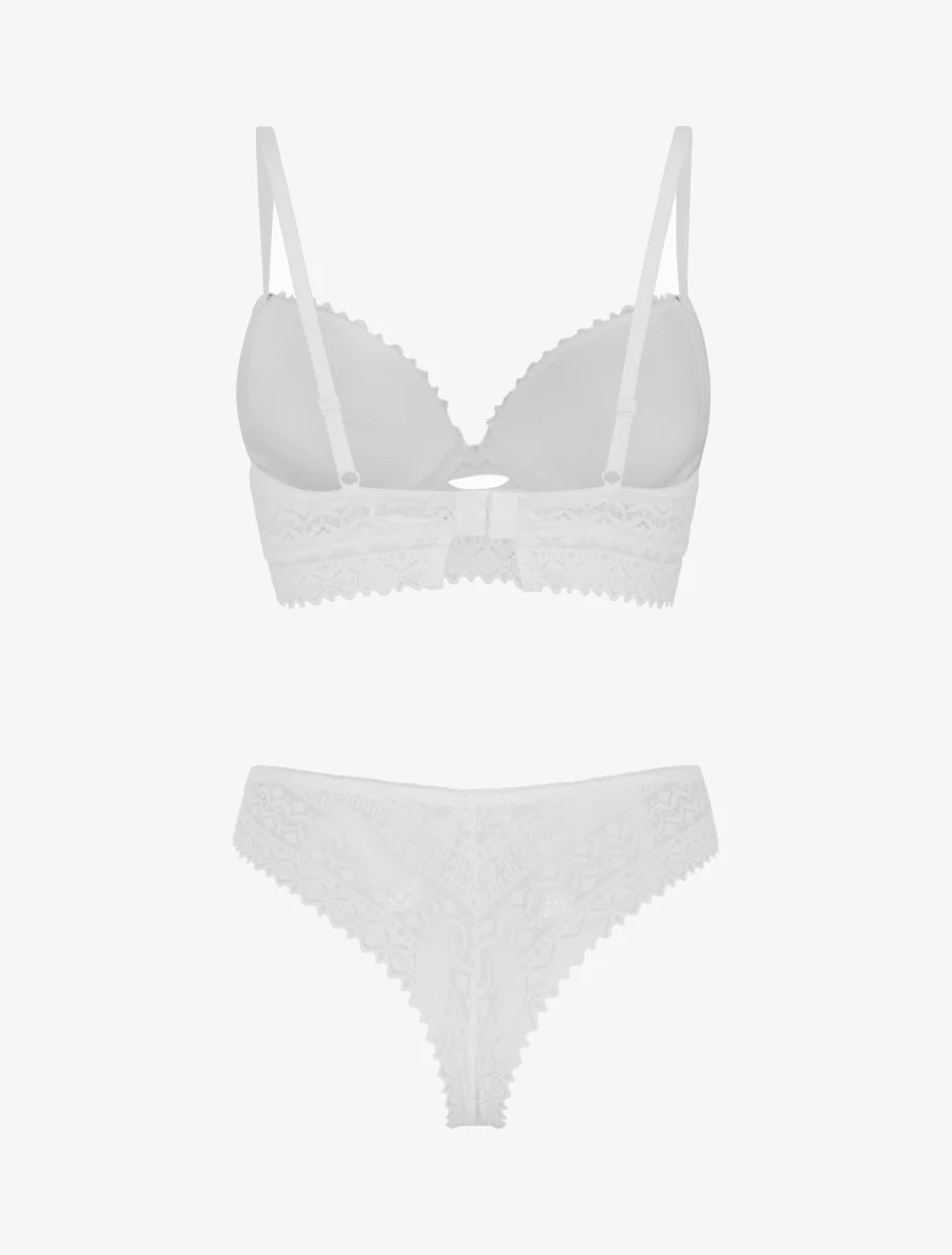 Ensemble soutien-gorge avec nœuds et tanga ajouré en dentelle - Blanc - Image 3