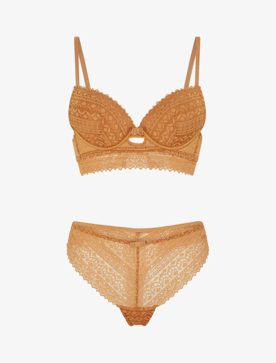 Ensemble soutien-gorge avec nœuds et tanga ajouré en dentelle - Camel - Image 2