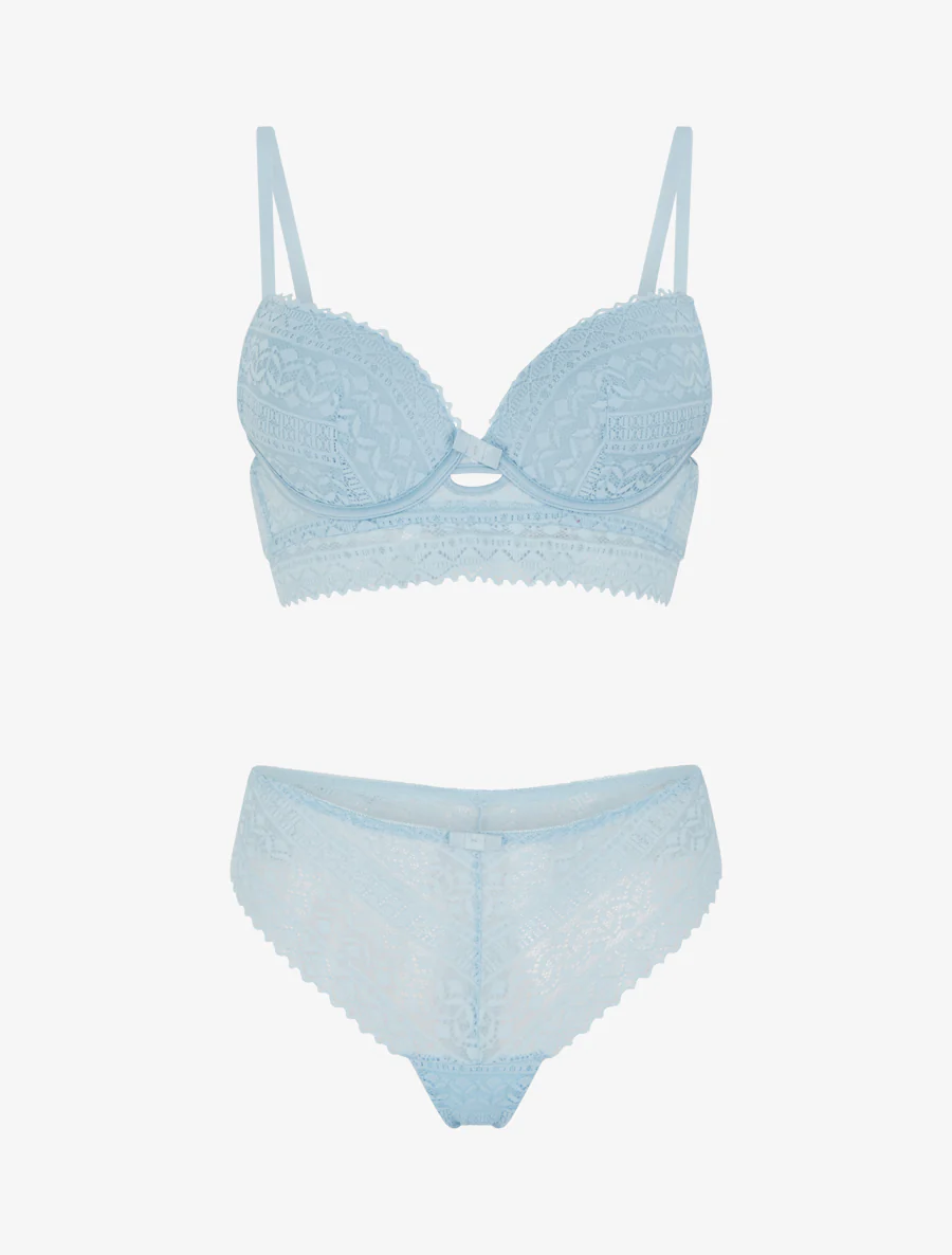 Ensemble soutien-gorge avec nœuds et tanga ajouré en dentelle - Bleu ciel - Image 2