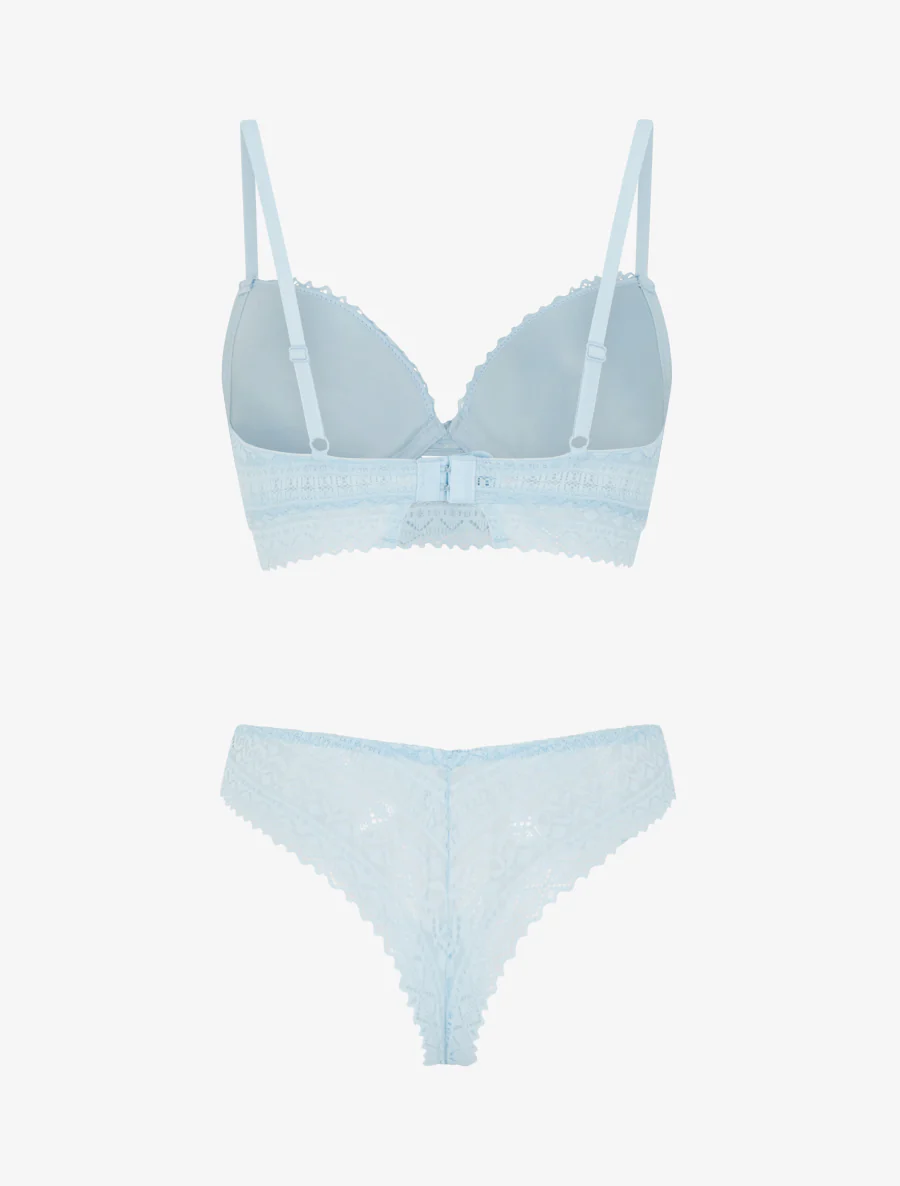 Ensemble soutien-gorge avec nœuds et tanga ajouré en dentelle - Bleu ciel - Image 3