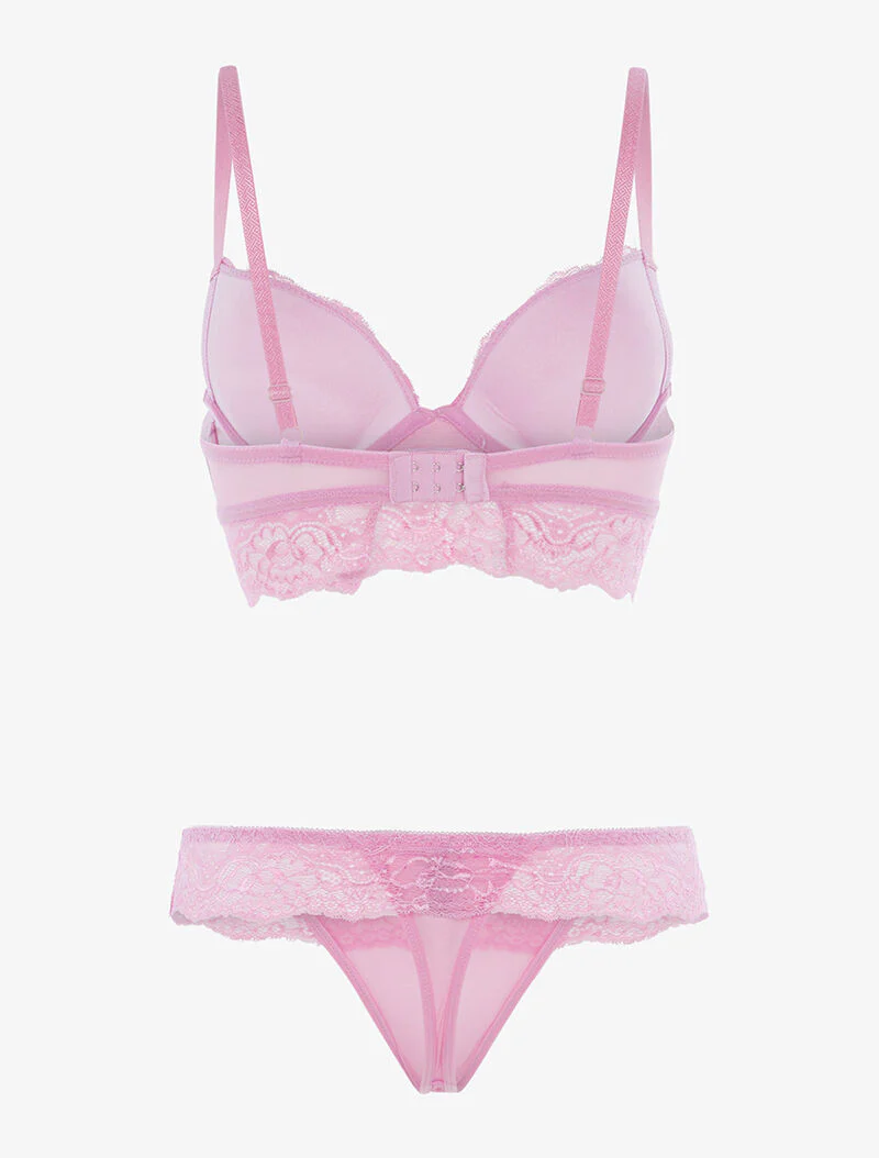 Ensemble soutien gorge bustier en dentelle et string - rose - Image 2