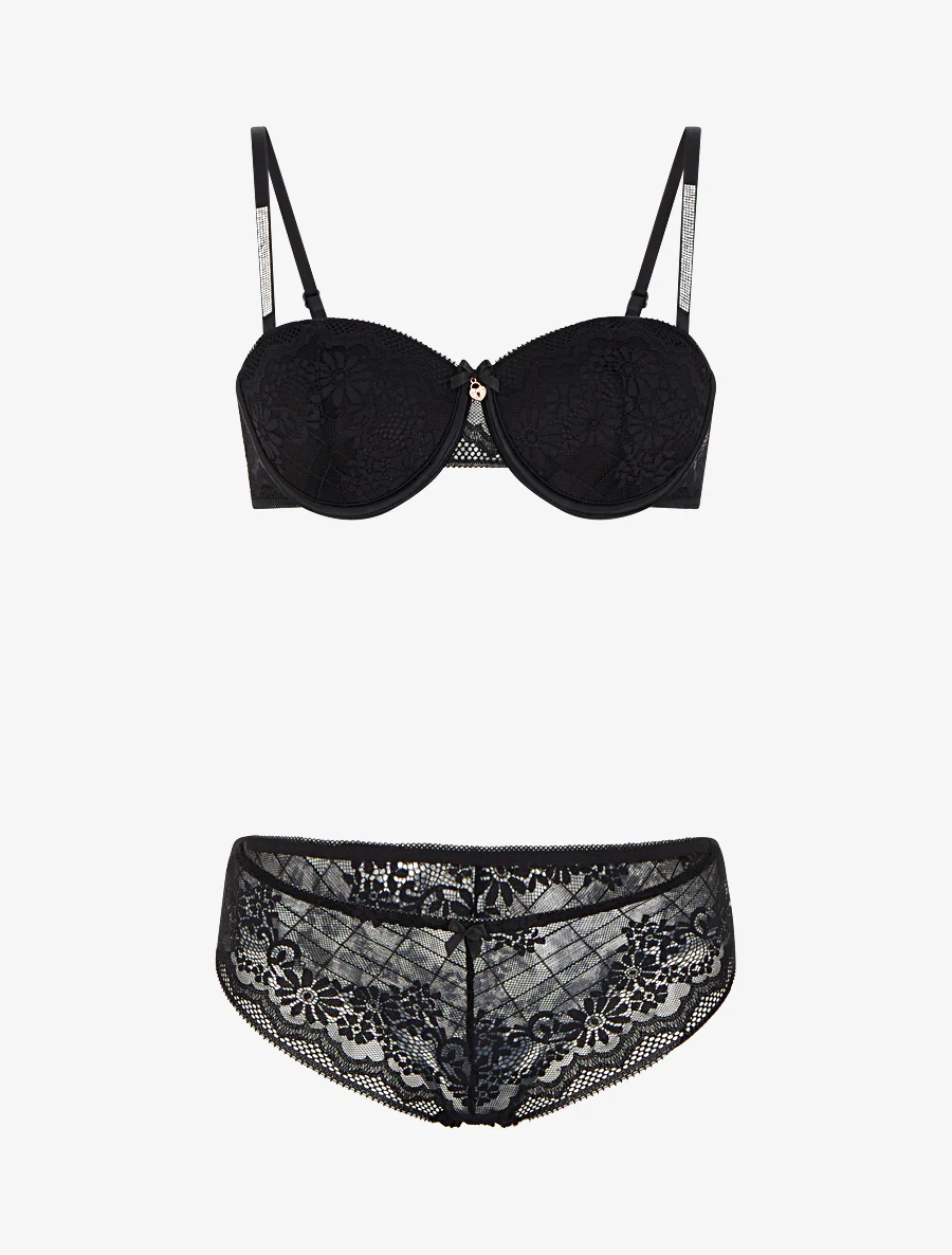 Ensemble soutien-gorge et culotte ajouré à bretelles strassées - Noir - Image 2