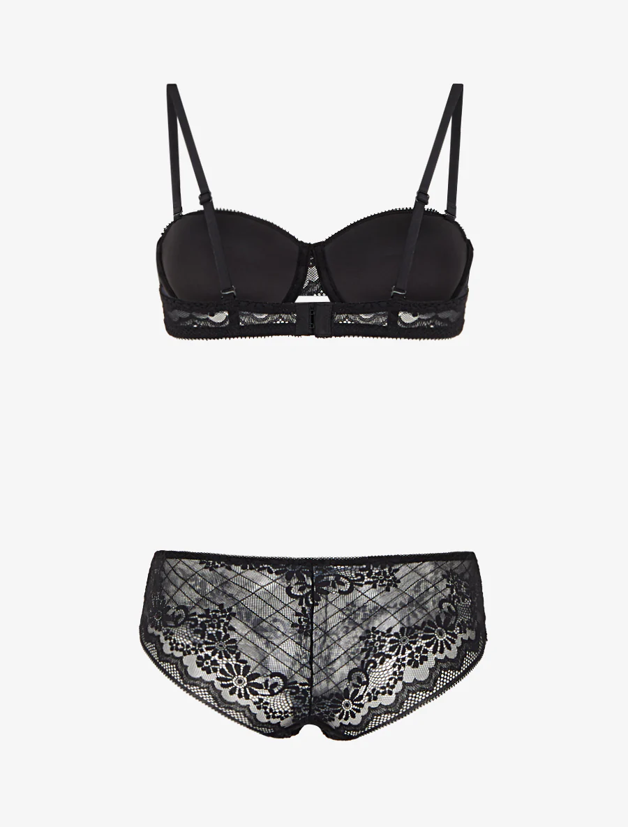Ensemble soutien-gorge et culotte ajouré à bretelles strassées - Noir - Image 3