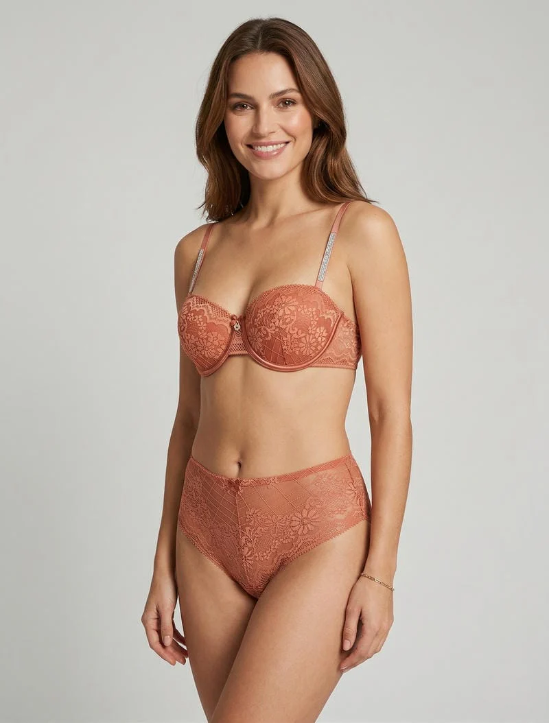 Ensemble soutien-gorge et culotte ajouré à bretelles strassées - Terracotta