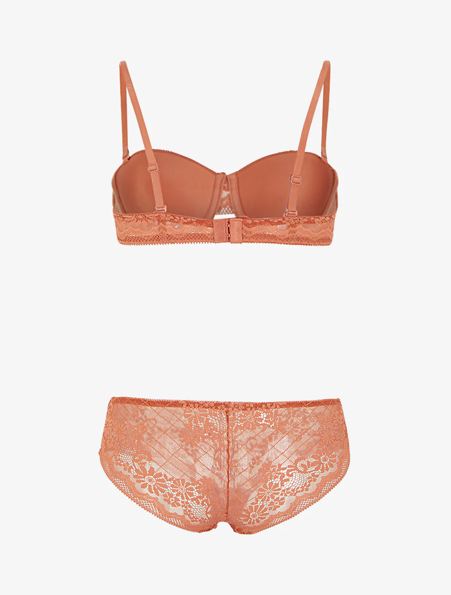 Ensemble soutien-gorge et culotte ajouré à bretelles strassées - Terracotta - Image 3
