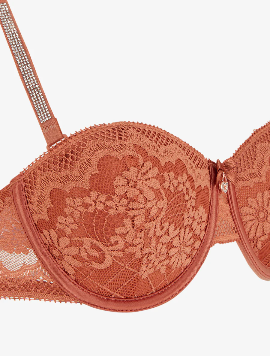 Ensemble soutien-gorge et culotte ajouré à bretelles strassées - Terracotta - Image 4