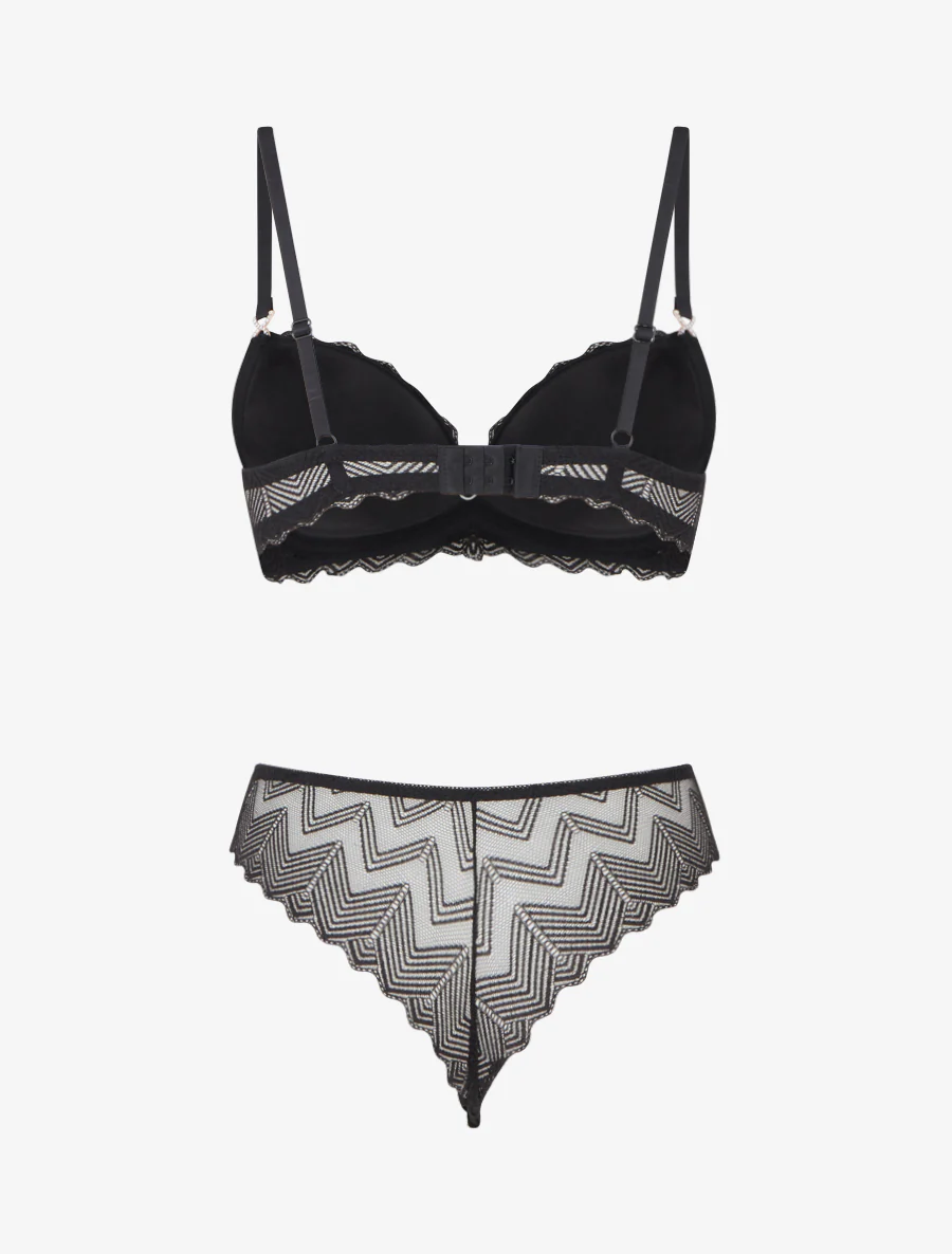 Ensemble soutien-gorge et tanga ajouré à bijoux strassés - Noir - Image 3