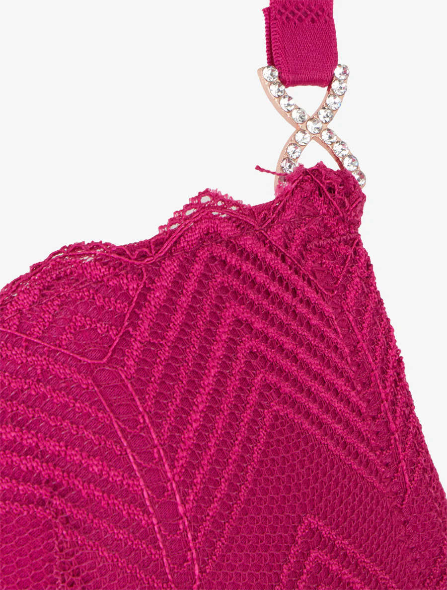 Ensemble soutien-gorge et tanga ajouré à bijoux strassés - Fushia - Image 4