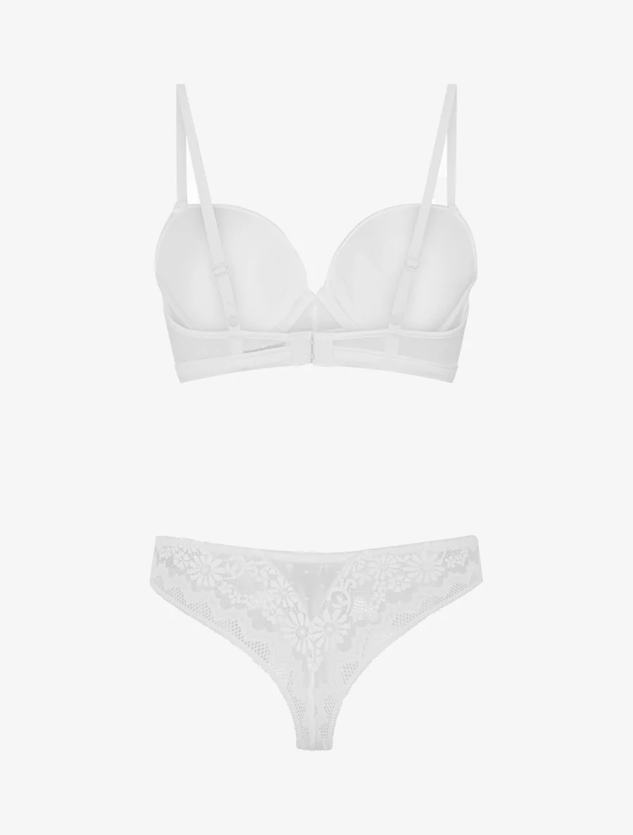 Ensemble soutien-gorge et tanga ajouré à détail satiné - Blanc - Image 3
