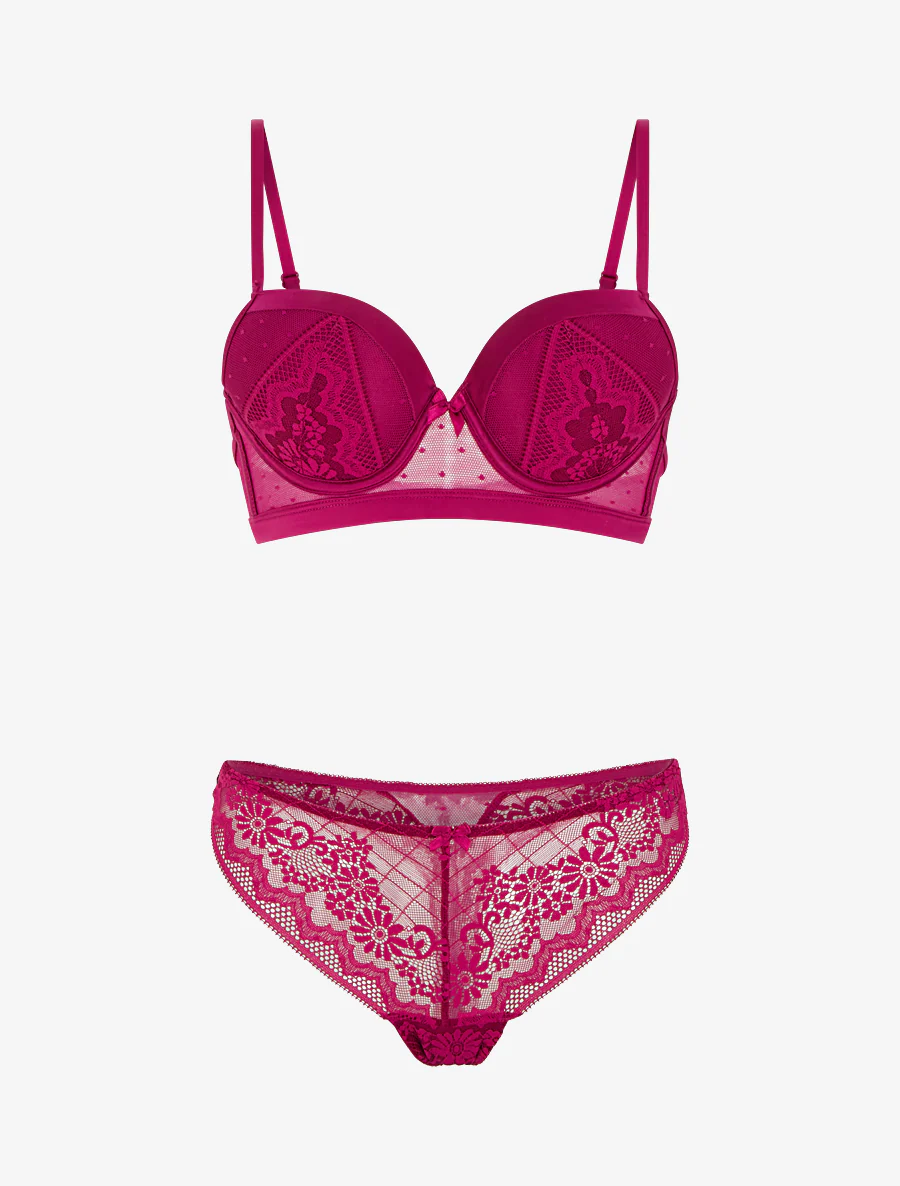 Ensemble soutien-gorge et tanga ajouré à détail satiné - Fushia - Image 2