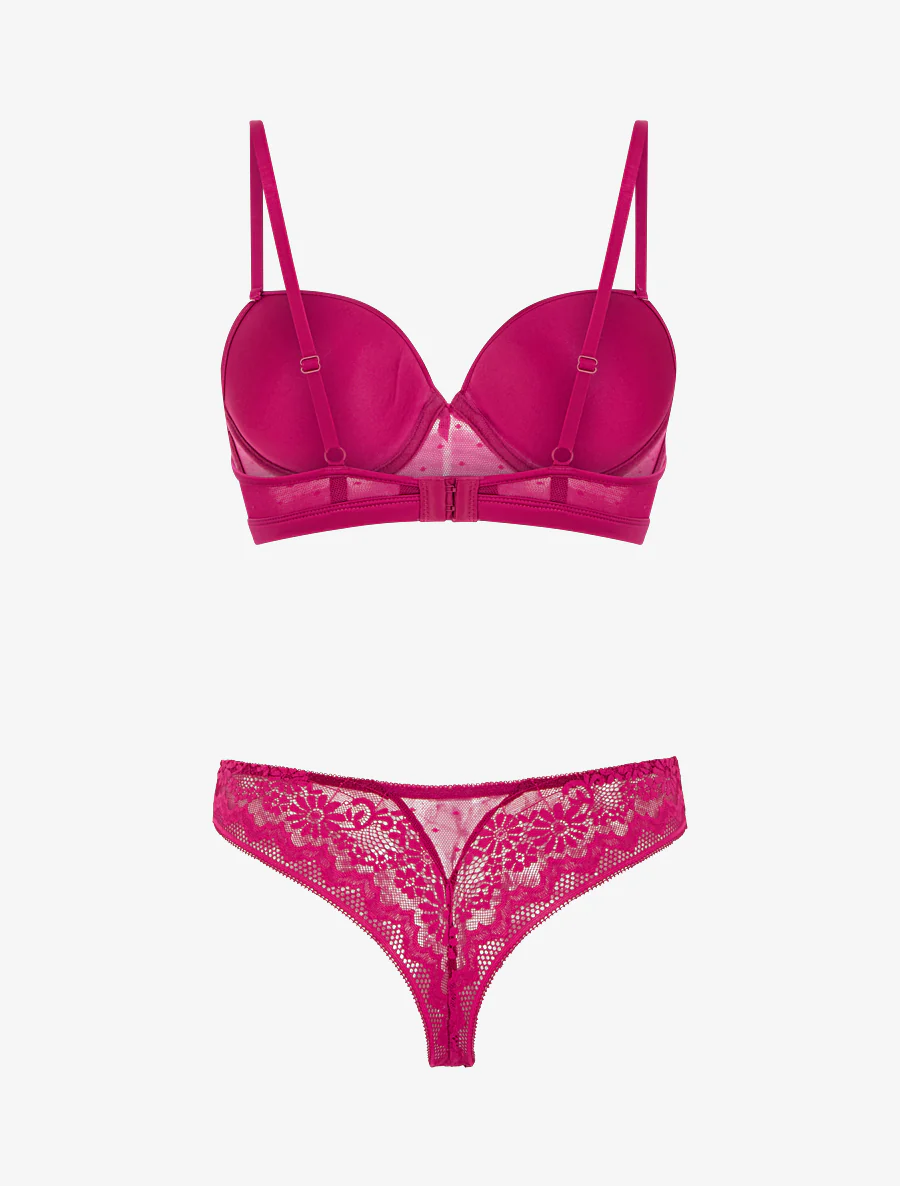 Ensemble soutien-gorge et tanga ajouré à détail satiné - Fushia - Image 3