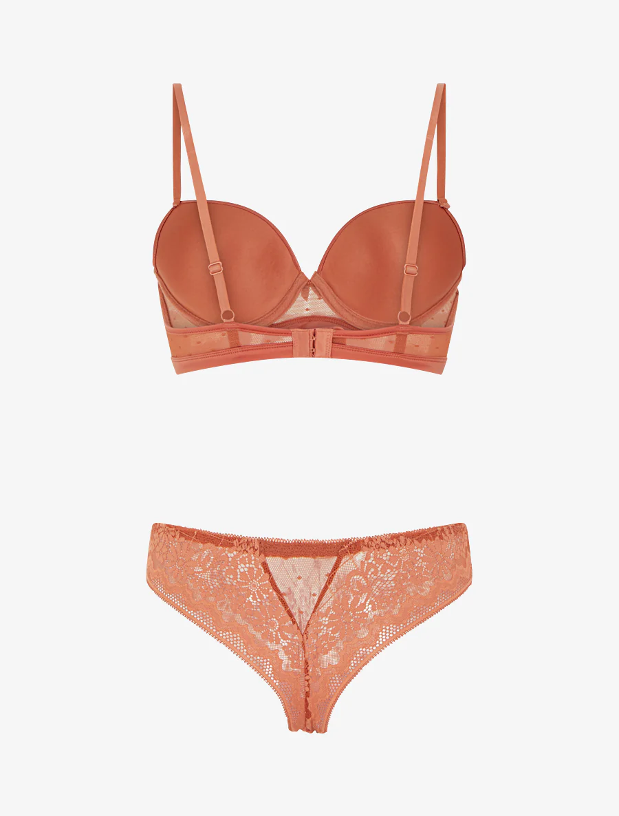 Ensemble soutien-gorge et tanga ajouré à détail satiné - Terracotta - Image 3