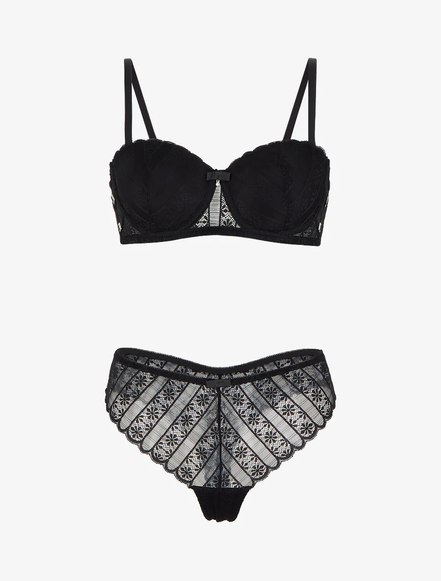 Ensemble soutien-gorge et tanga ajouré en dentelle - Noir - Image 2