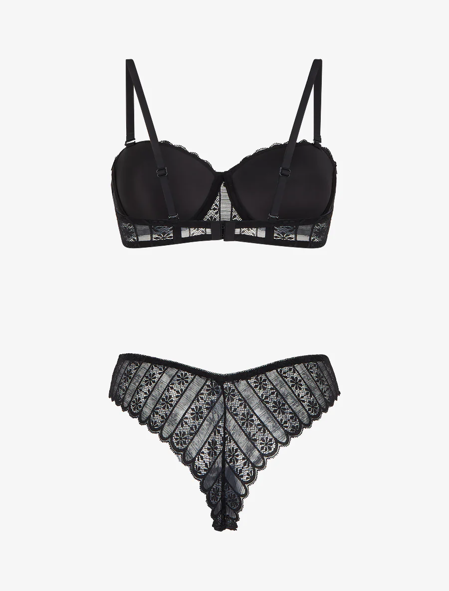 Ensemble soutien-gorge et tanga ajouré en dentelle - Noir - Image 3