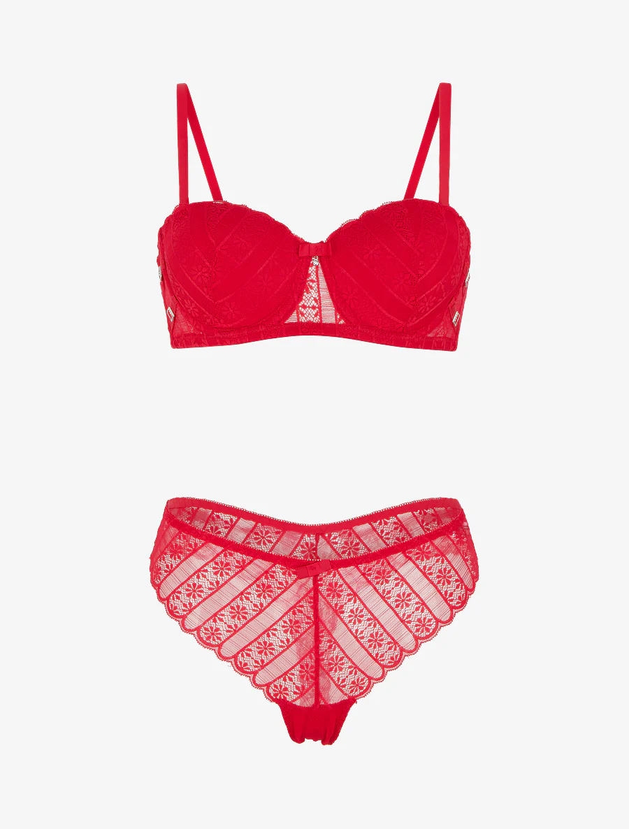 Ensemble soutien-gorge et tanga ajouré en dentelle - Rouge - Image 2