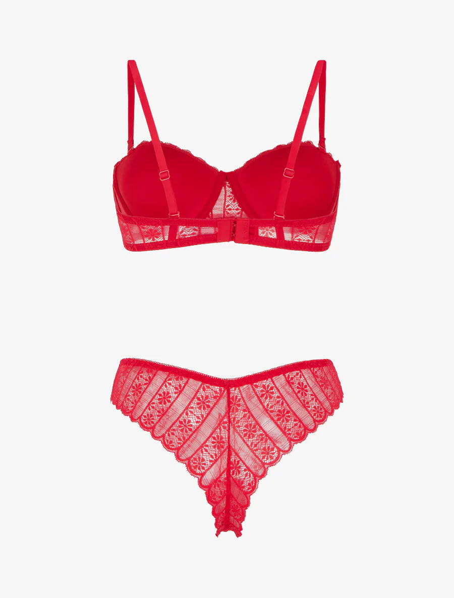Ensemble soutien-gorge et tanga ajouré en dentelle - Rouge - Image 3