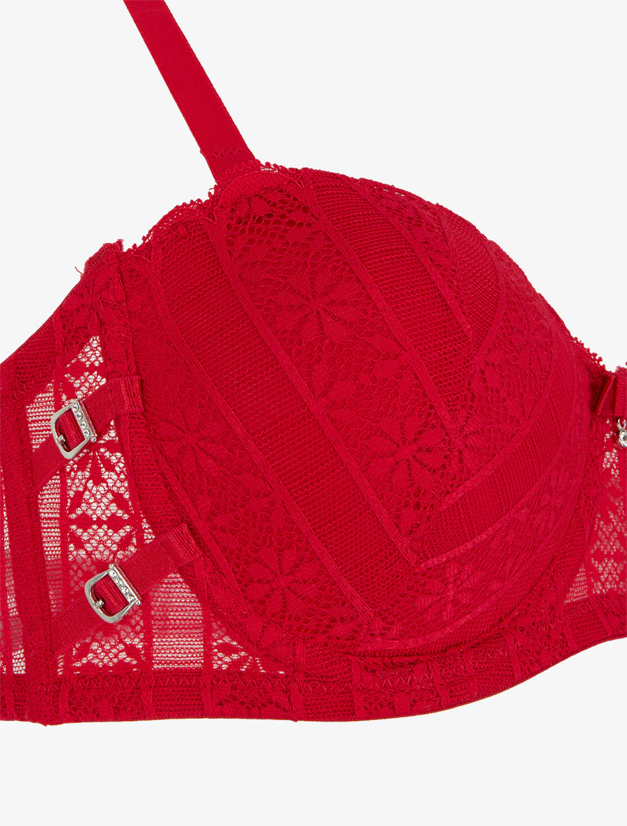 Ensemble soutien-gorge et tanga ajouré en dentelle - Rouge - Image 4