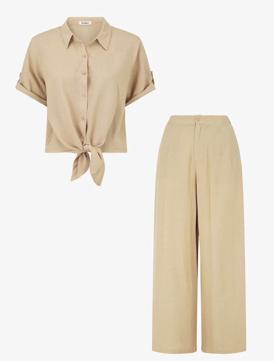 Ensemble top à nouer et pantalon - Beige