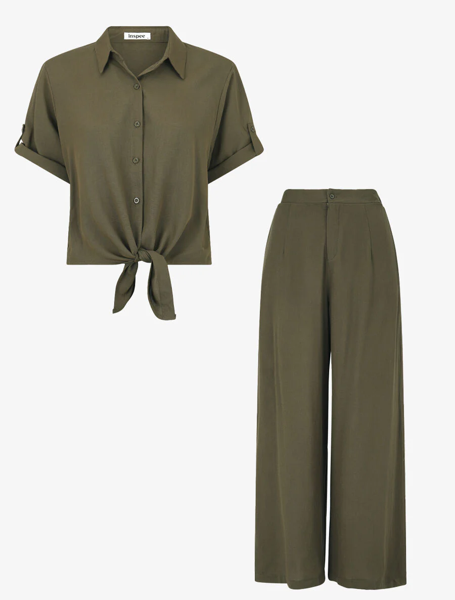 Ensemble top à nouer et pantalon - Kaki