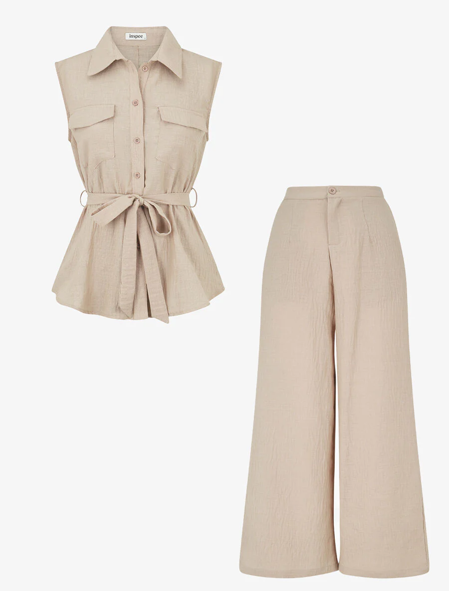 Ensemble top sans manches et pantalon - Beige