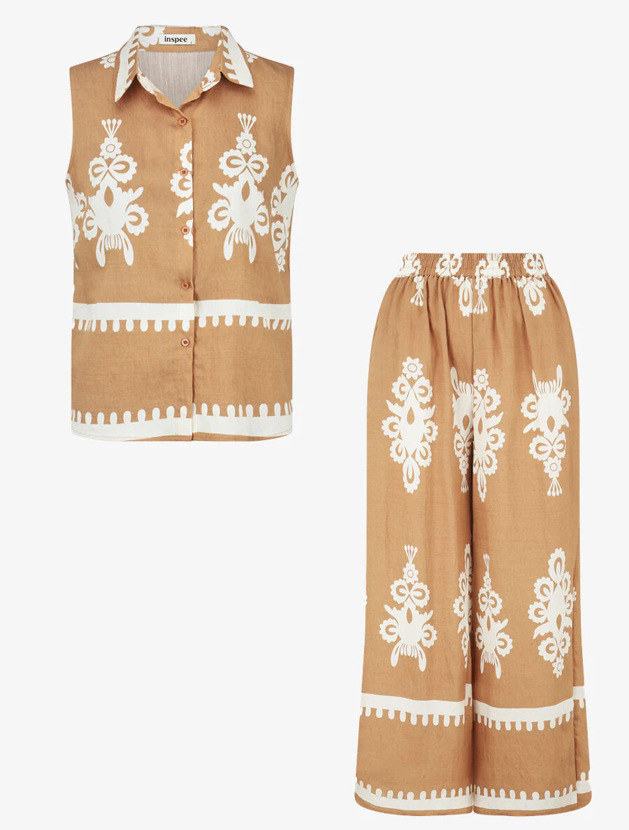 Ensemble top sans manches et pantalon imprimé ikat - Camel