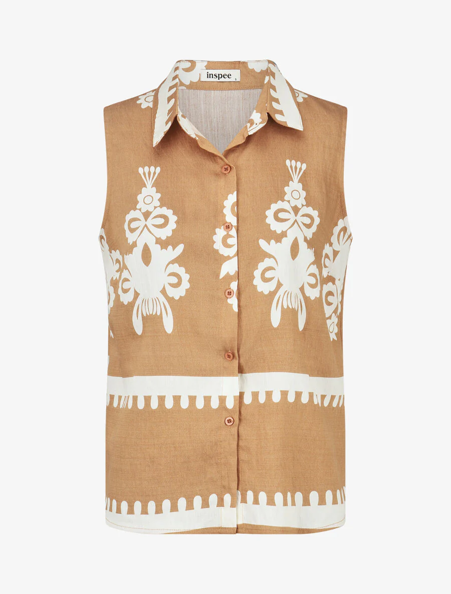 Ensemble top sans manches et pantalon imprimé ikat - Camel - Image 2