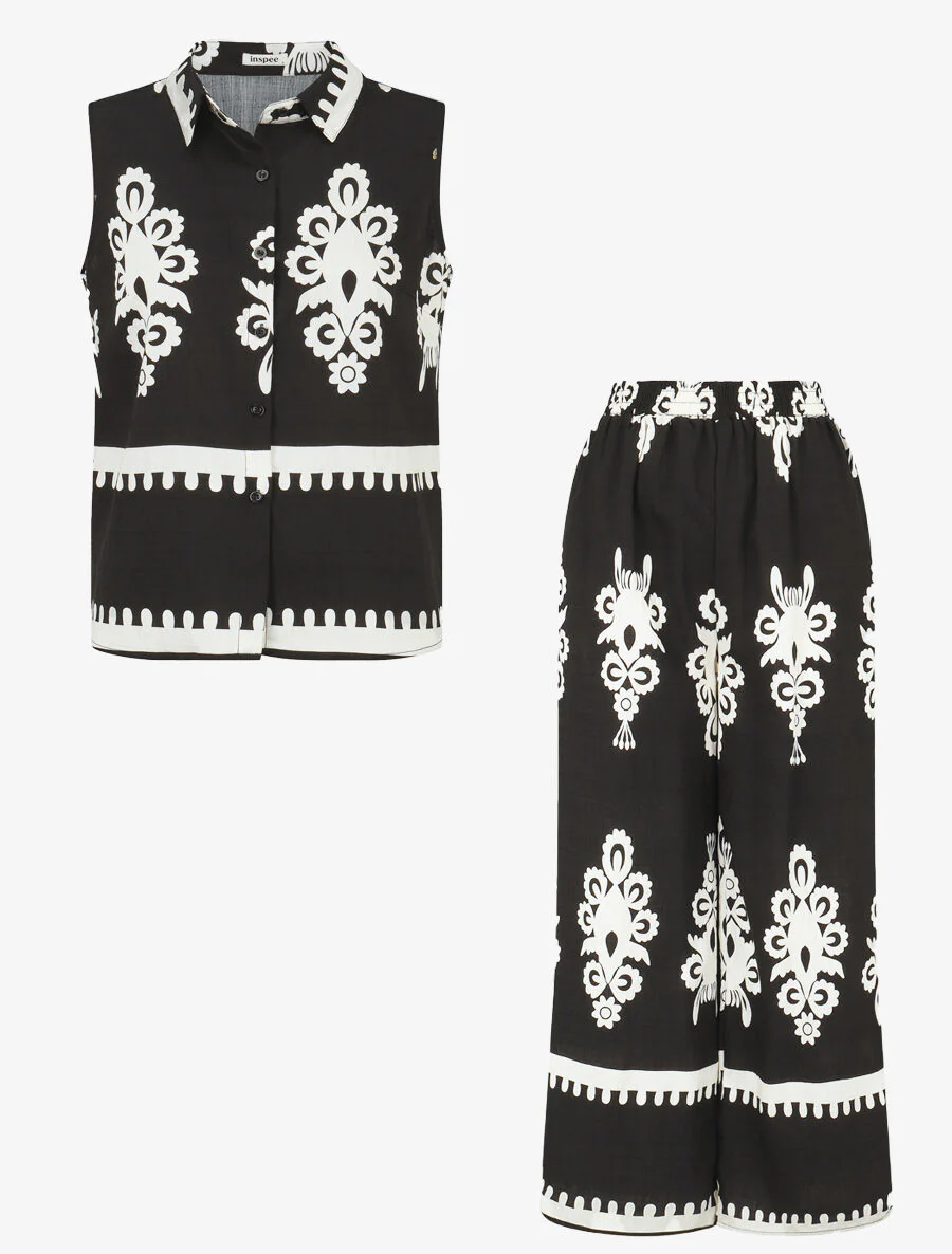 Ensemble top sans manches et pantalon imprimé ikat - Noir