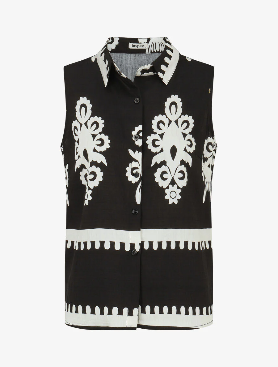 Ensemble top sans manches et pantalon imprimé ikat - Noir - Image 2