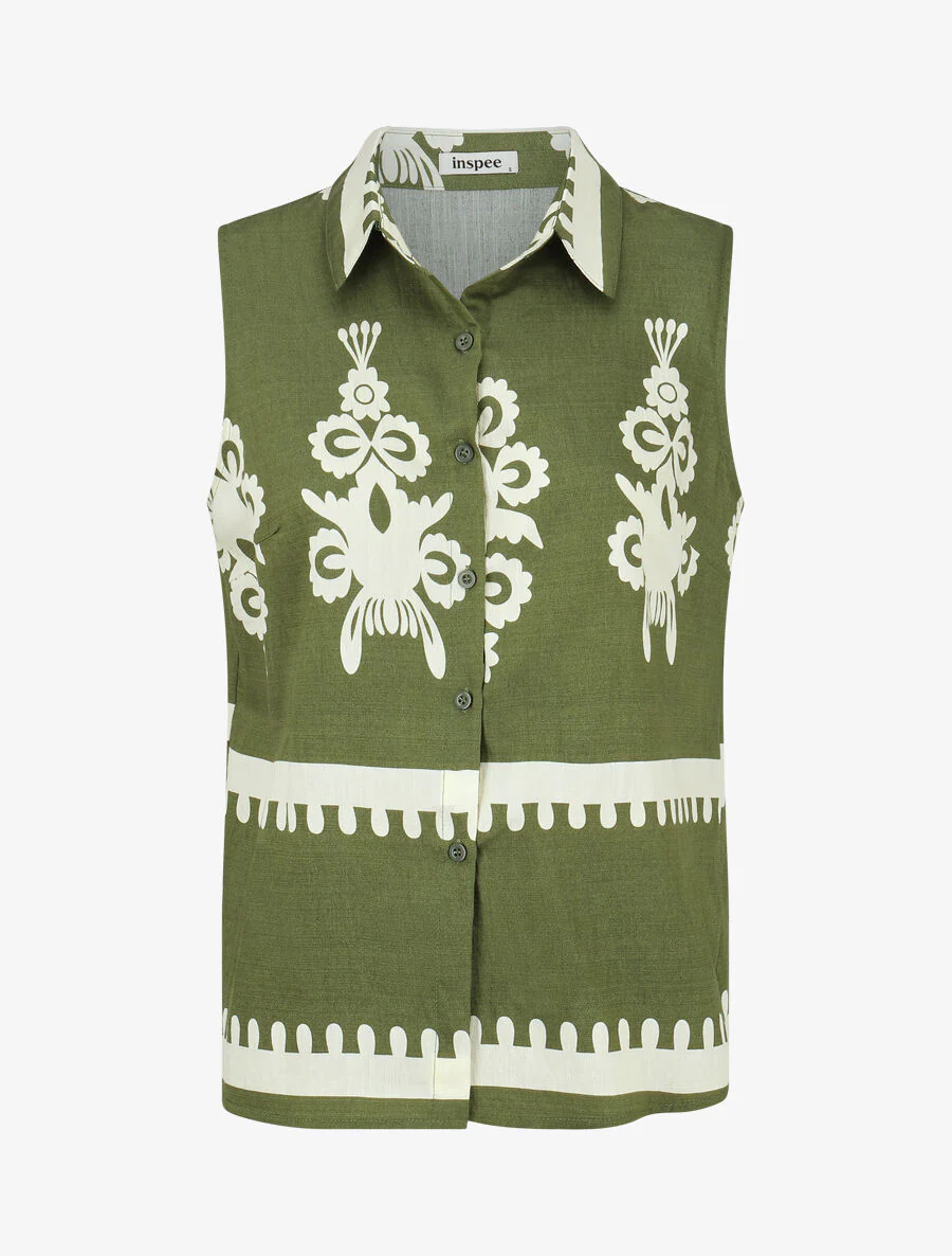 Ensemble top sans manches et pantalon imprimé ikat - Kaki - Image 2