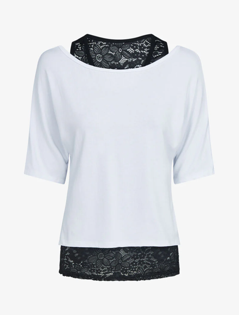 Ensemble top uni et débardeur dentelle - blanc