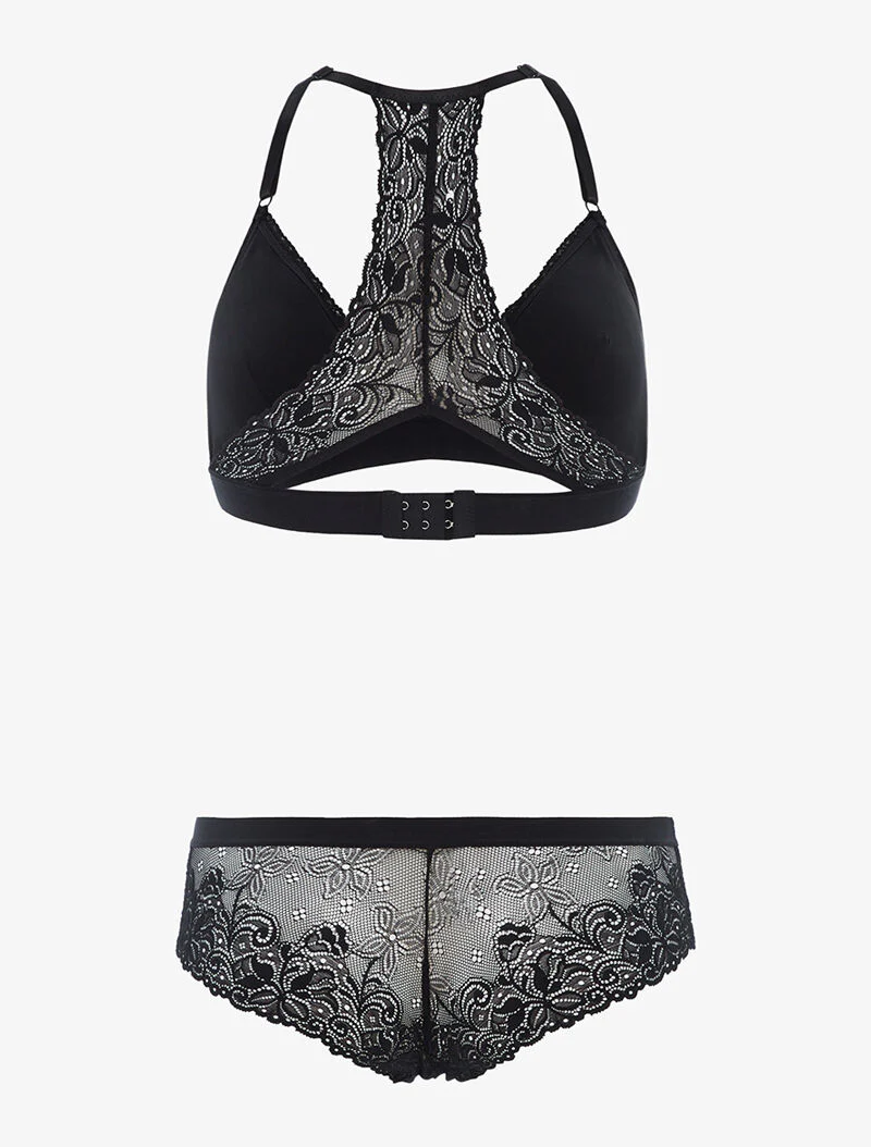 Ensemble triangle dentelle dos nageur et shorty - noir - Image 2
