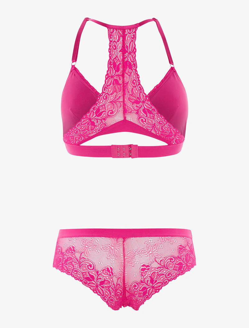 Ensemble triangle dentelle dos nageur et shorty - fushia - Image 2