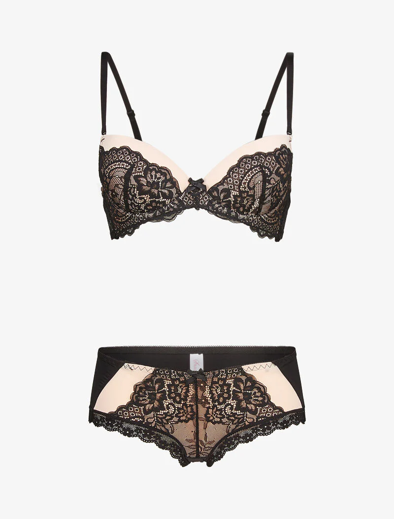 Ensembles en dentelle à shorty ajouré - nude/noir