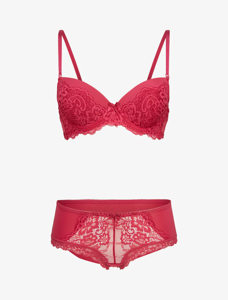 Ensembles en dentelle à shorty ajouré - cerise