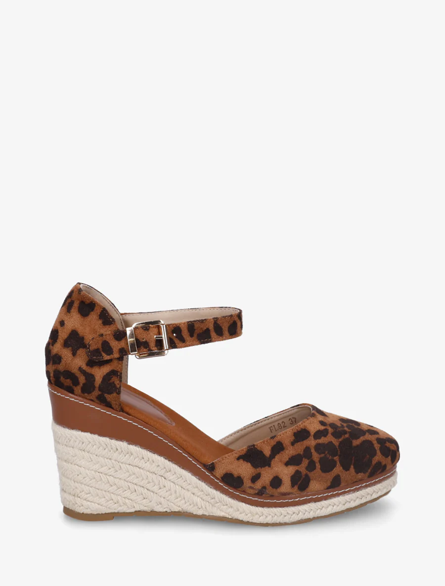 Espadrilles compensées en suédine imprimé léopard - Camel