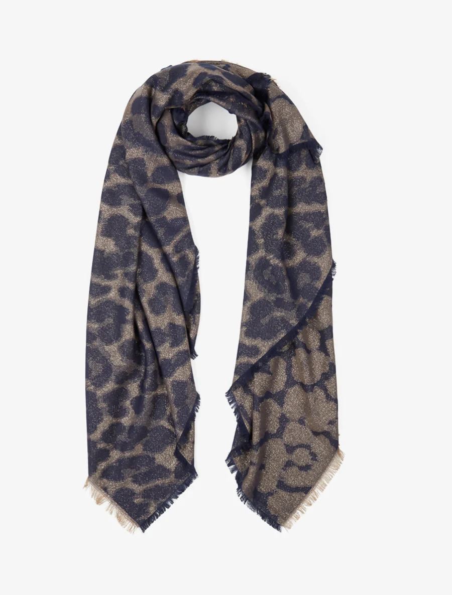 Foulard imprimé léopard irisé à bords effilochés - Marine