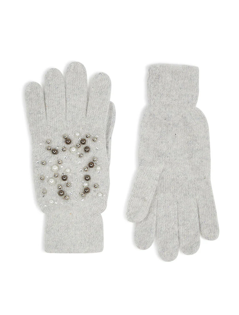 Gants angora perlés et strassés - gris chiné