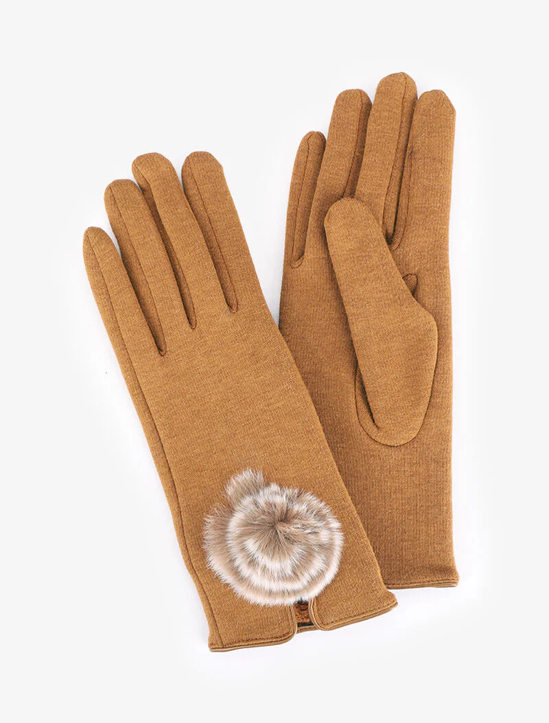 Gants en tissu ornés d'un pompon - camel