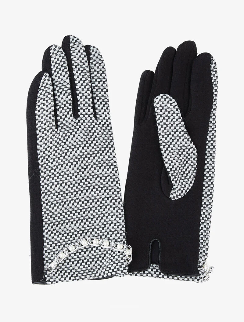 Gants imprimés à bracelet perlé - noir
