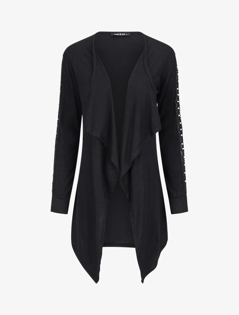 Gilet à manches en dentelle ajourée et perlées - Noir